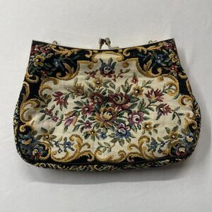 Vintage Tapestry Floral Clutch Kiss Lock Needlepoint Bag Made in Hong Kong